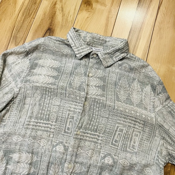 Zara Shirt Mens Sz L Button Up Linen Blend Abstract Feather Southwestern Beach - Picture 1 of 6